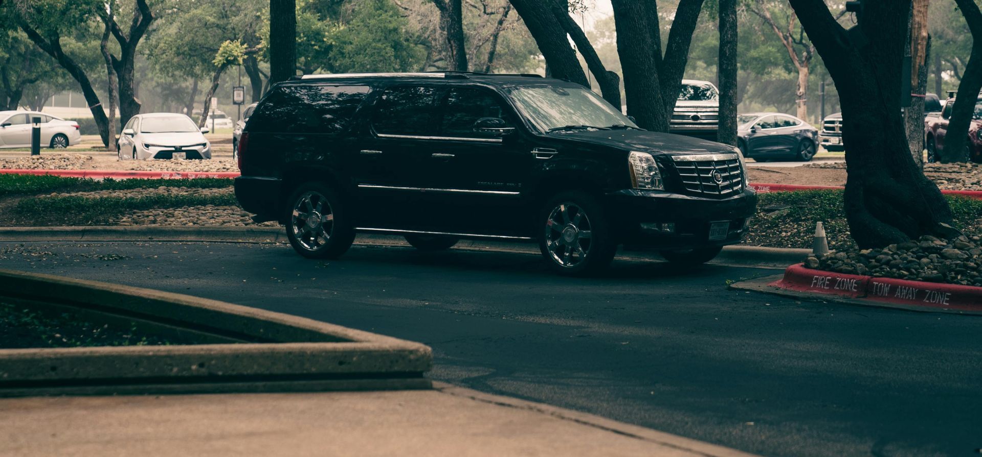 Black luxury SUV parked under trees in an urban area, showcasing modern elegance.