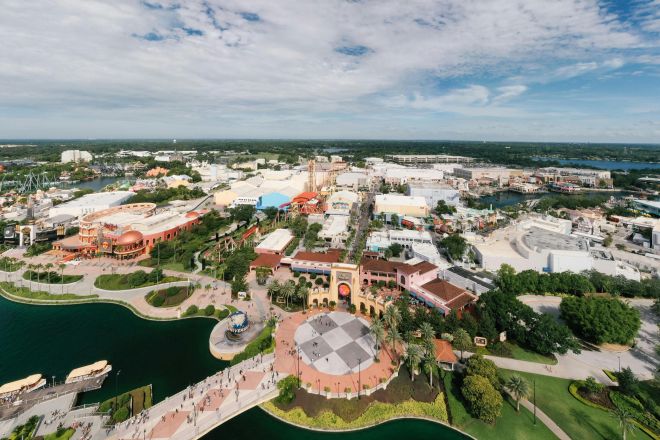 Aerial shot showcasing the vibrant theme park layout of Universal Studios Orlando with lush greenery and blue skies.